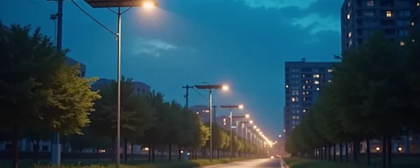 Vista panorámica de una ciudad moderna con alumbrado público solar ecológico iluminando calles y parques durante el anochecer