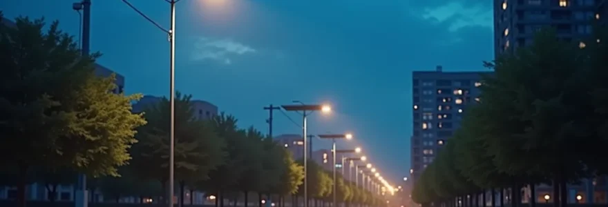 Vista panorámica de una ciudad moderna con alumbrado público solar ecológico iluminando calles y parques durante el anochecer