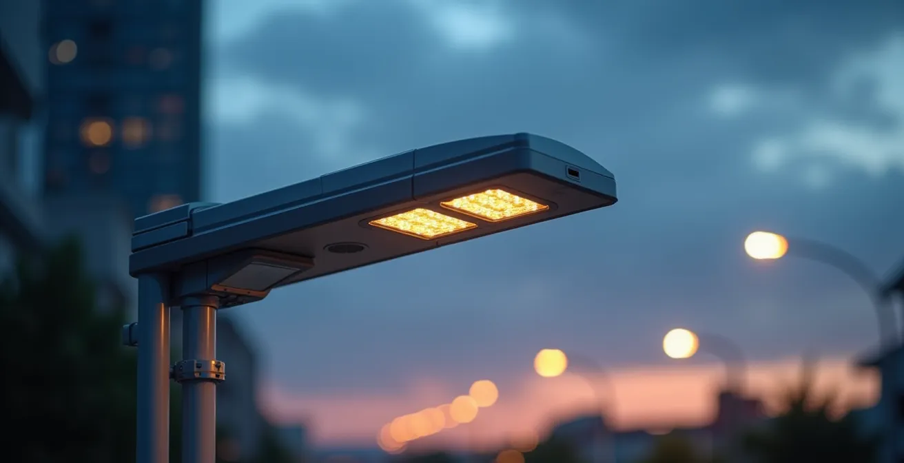Farola solar inteligente con sensores IoT en una calle urbana moderna