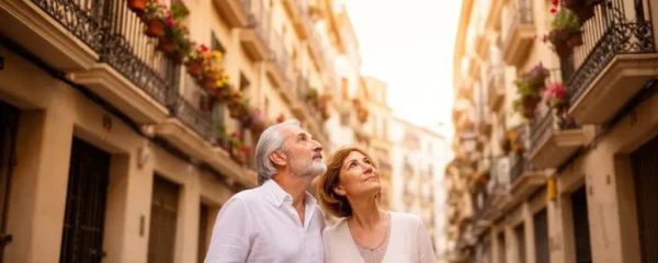Pareja española observando fachadas de edificios residenciales en calle urbana típica