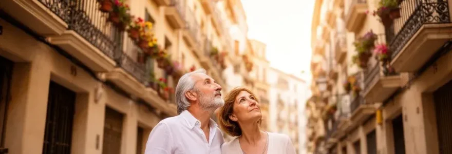 Pareja española observando fachadas de edificios residenciales en calle urbana típica