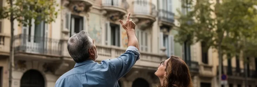 Pareja observando fachada edificio modernista en Barcelona Eixample