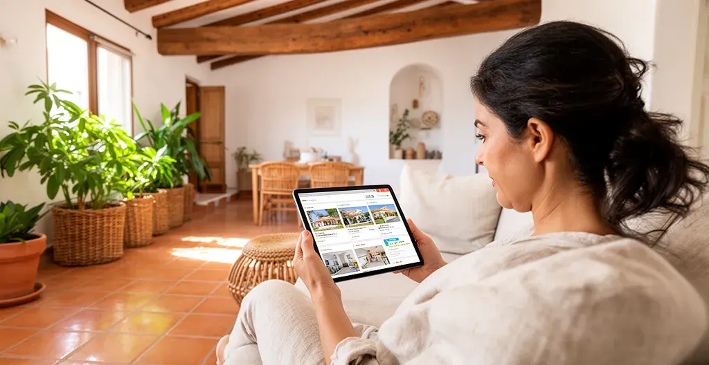 Persona consultando herramienta de valoración inmobiliaria en tablet desde salón de vivienda española