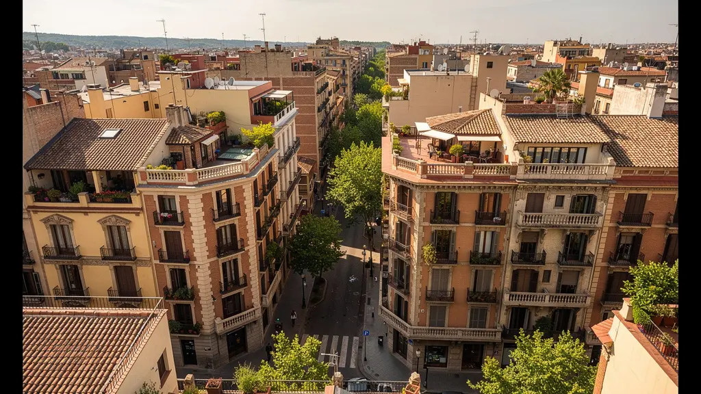 Vista aérea parcial del barrio de Gràcia en Barcelona con edificios modernistas